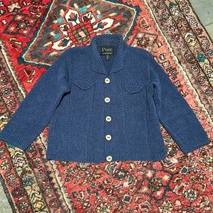 Pure Handknit Sweater Blue Cotton 3/4 Sleeve Cropped Cardigan